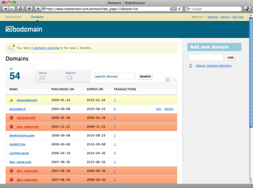 The list of all domains your are tracking