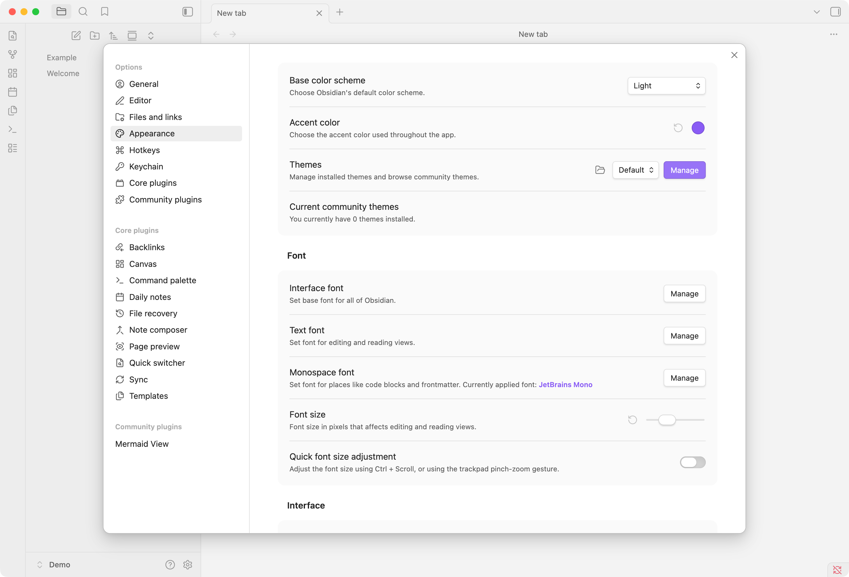 Appearance font settings