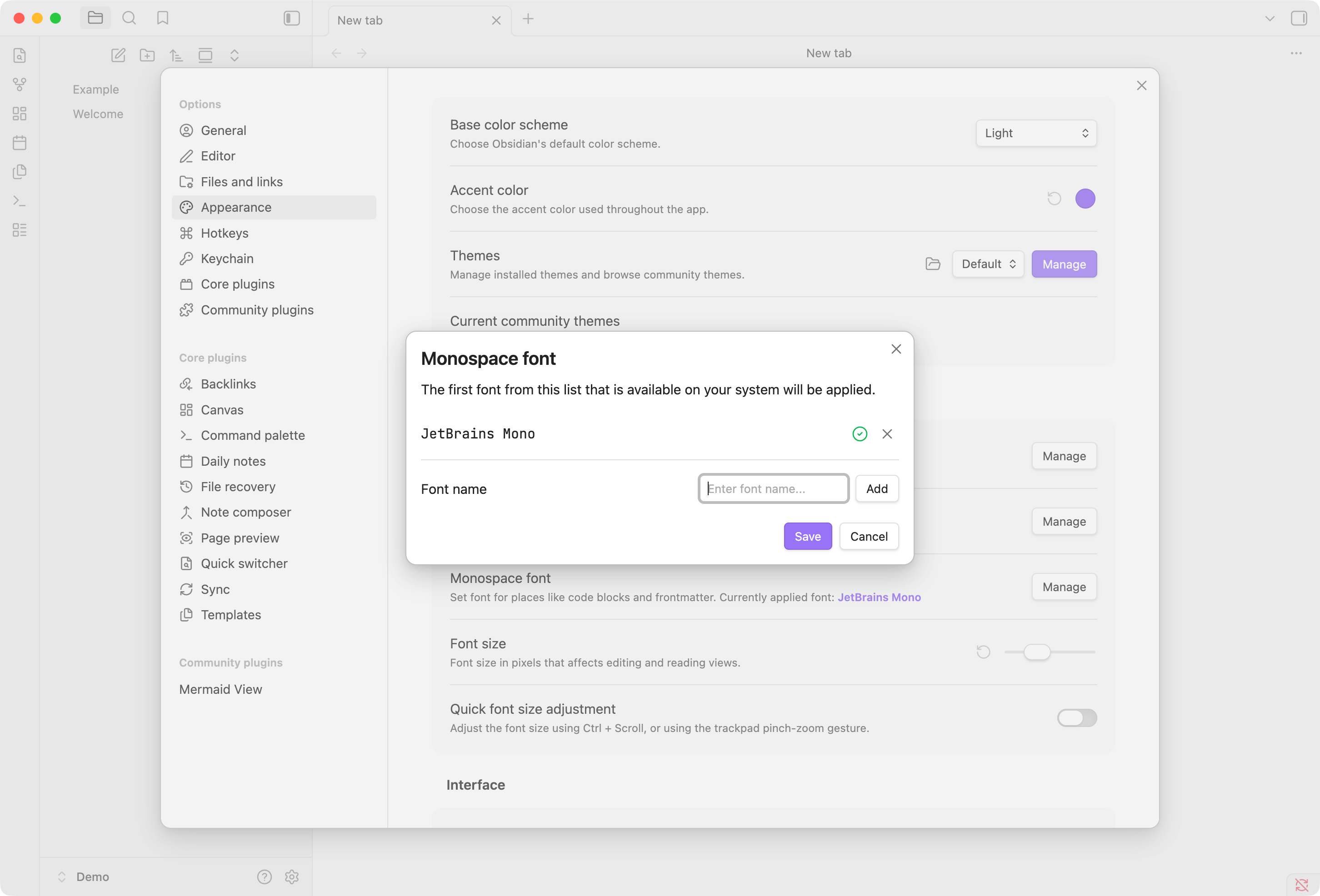 Monospace font dialog